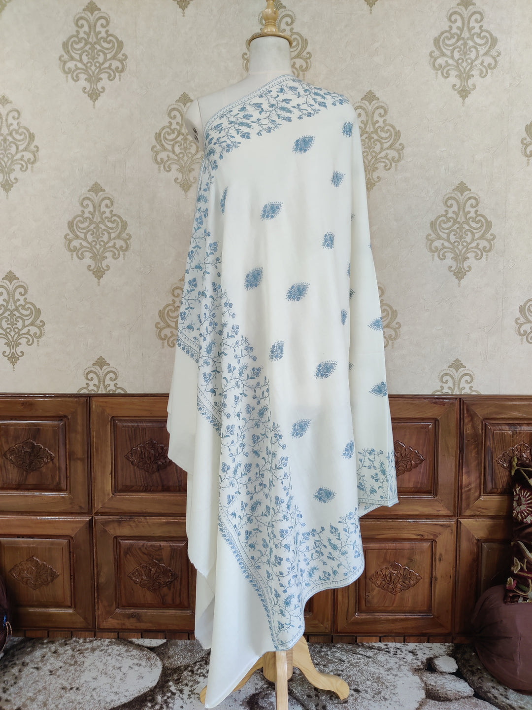 Snow White Merino Wool Shawl with Delicate Blue Sozni Hand