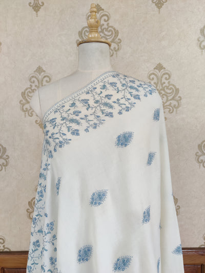 Snow White Merino Wool Shawl with Delicate Blue Sozni Hand Embroidery