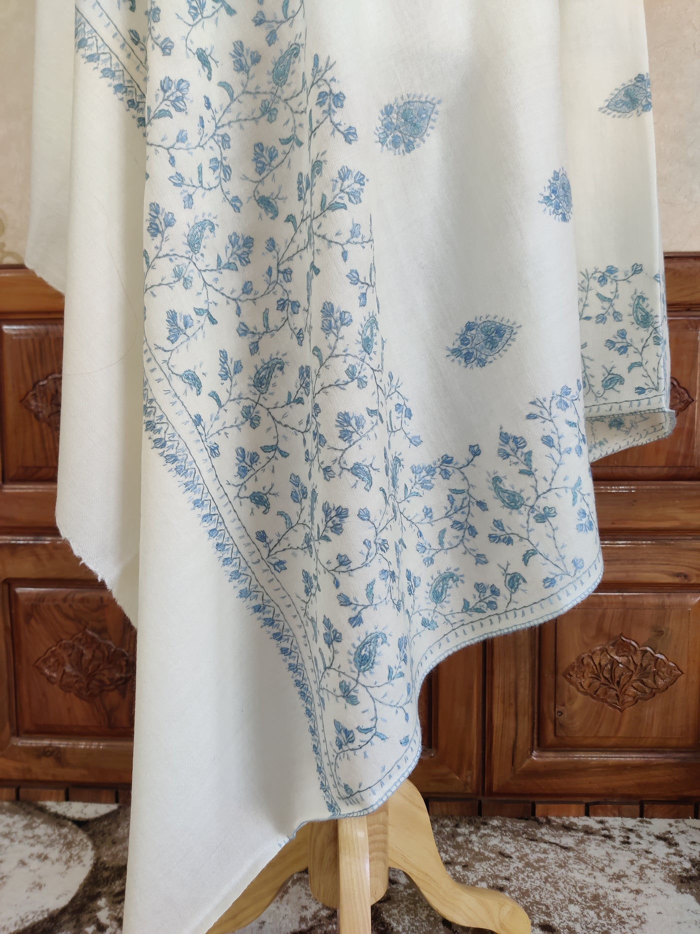 Snow White Merino Wool Shawl with Delicate Blue Sozni Hand Embroidery