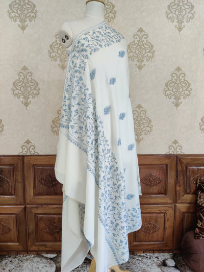 Snow White Merino Wool Shawl with Delicate Blue Sozni Hand Embroidery