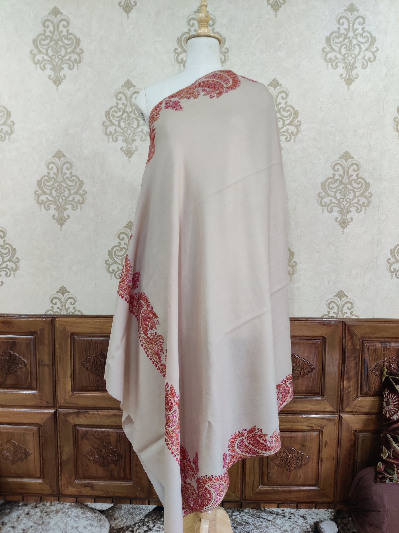 Soft Beige Merino Wool Shawl with Vibrant Sozni Hand Embroidery