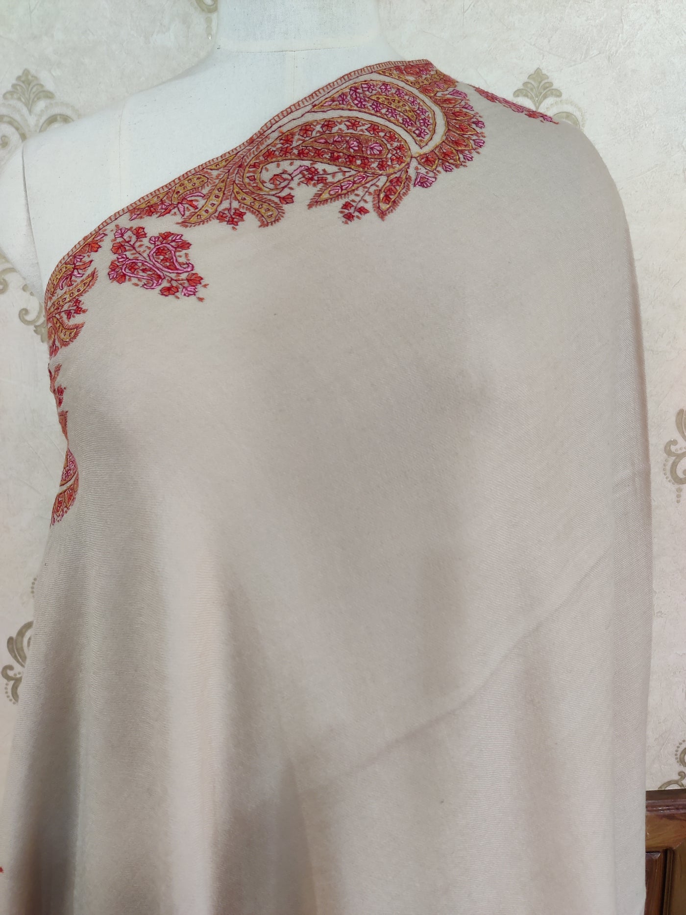 Soft Beige Merino Wool Shawl with Vibrant Sozni Hand Embroidery