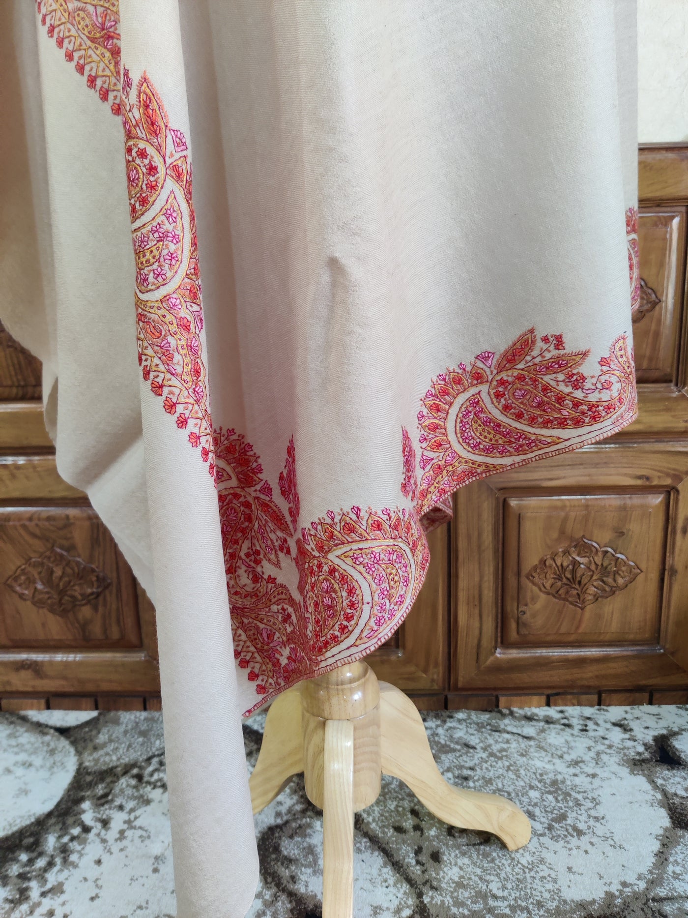 Soft Beige Merino Wool Shawl with Vibrant Sozni Hand Embroidery