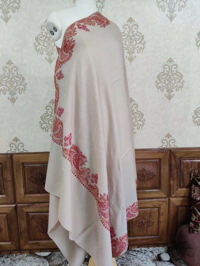 Soft Beige Merino Wool Shawl with Vibrant Sozni Hand Embroidery