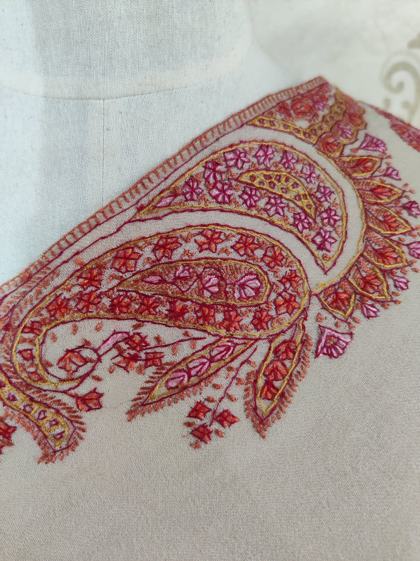 Soft Beige Merino Wool Shawl with Vibrant Sozni Hand Embroidery