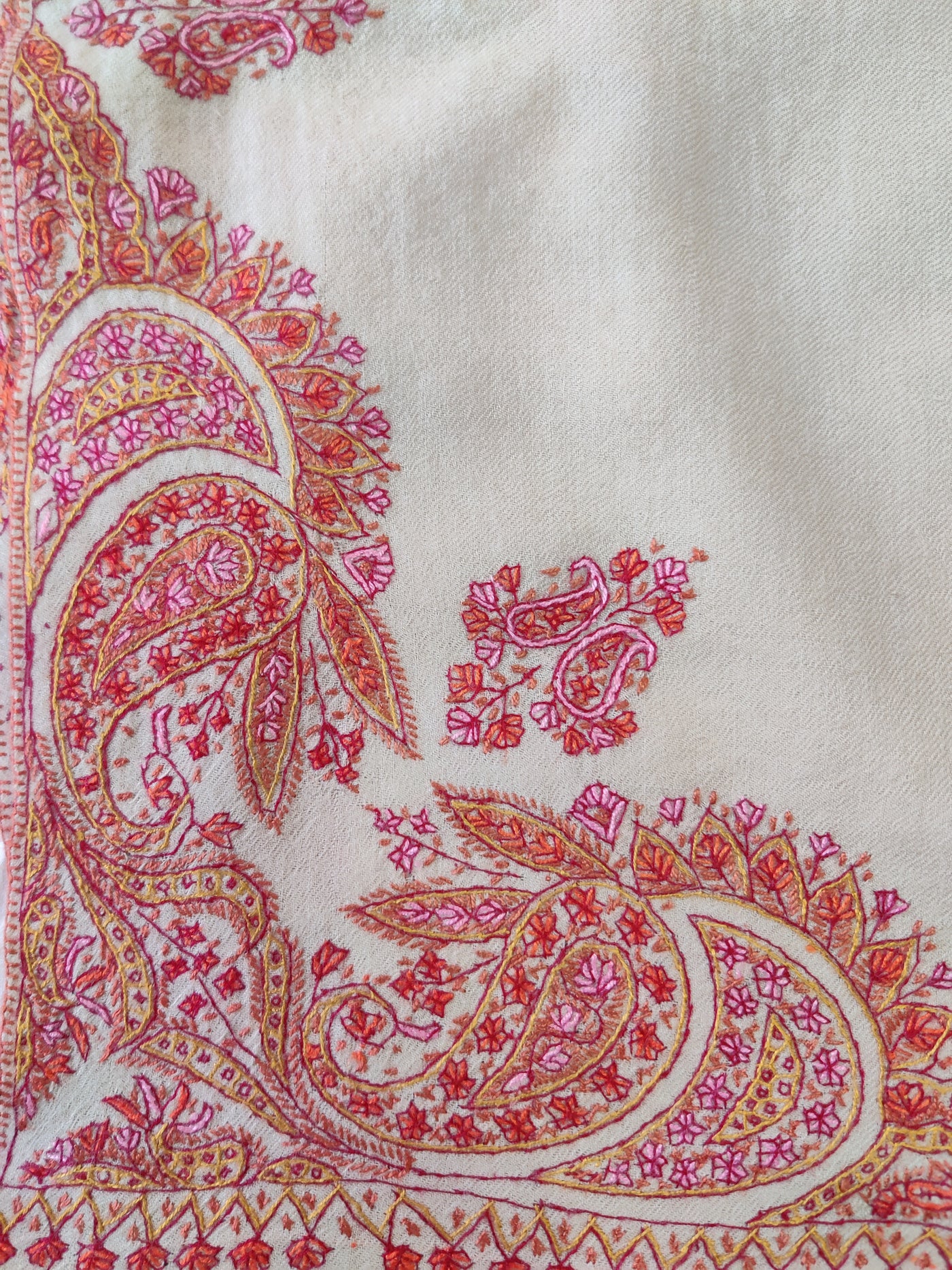 Soft Beige Merino Wool Shawl with Vibrant Sozni Hand Embroidery