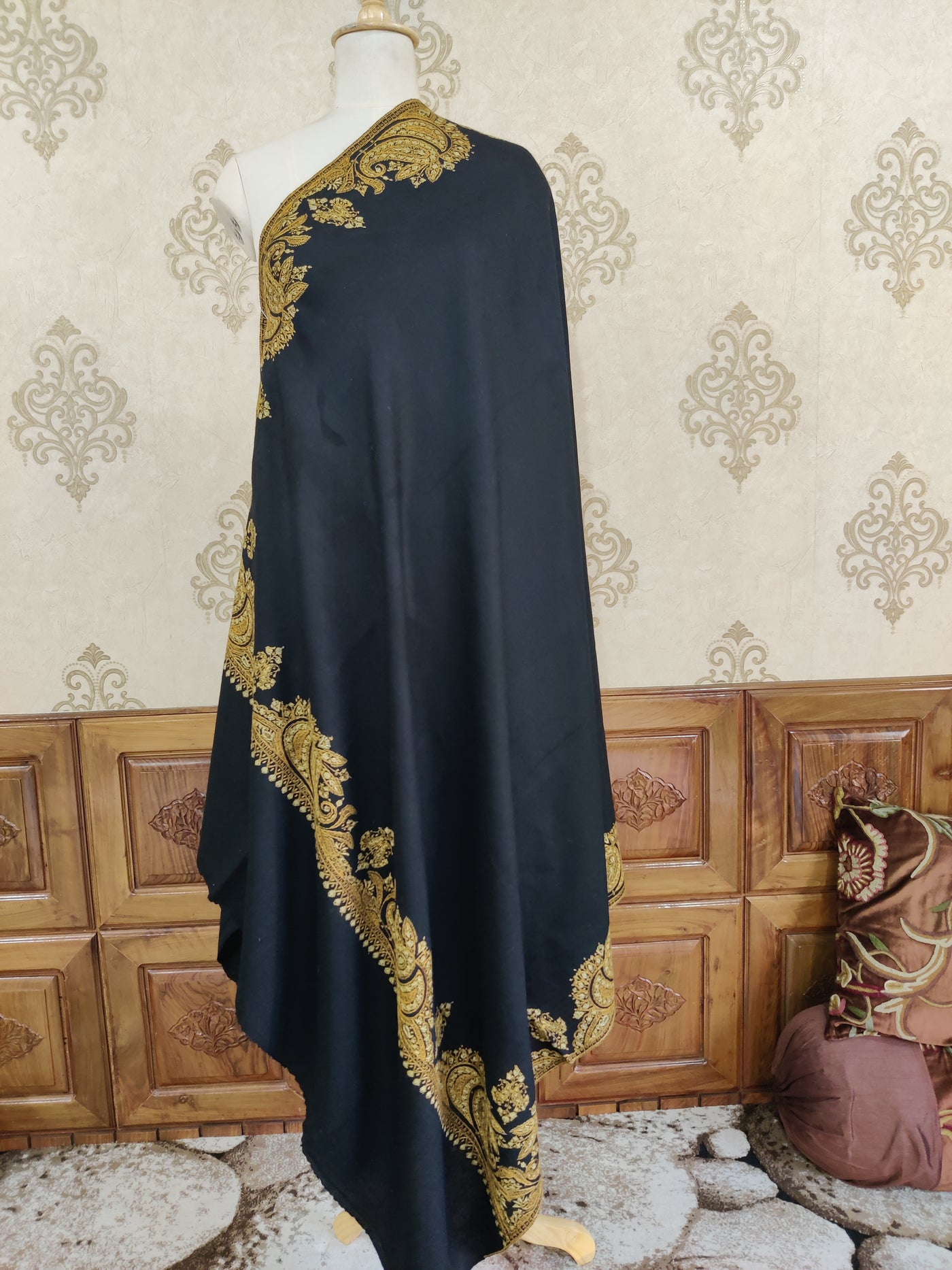 Midnight Black Merino Wool Shawl with Opulent Gold Sozni Hand Embroidery