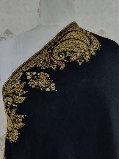 Midnight Black Merino Wool Shawl with Opulent Gold Sozni Hand Embroidery