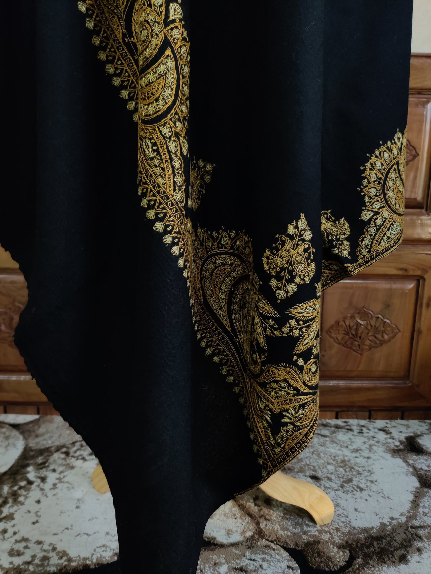 Midnight Black Merino Wool Shawl with Opulent Gold Sozni Hand Embroidery