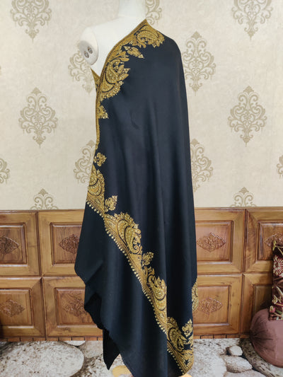 Midnight Black Merino Wool Shawl with Opulent Gold Sozni Hand Embroidery