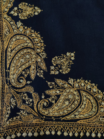 Midnight Black Merino Wool Shawl with Opulent Gold Sozni Hand Embroidery