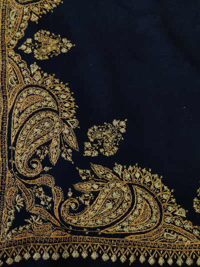 Midnight Black Merino Wool Shawl with Opulent Gold Sozni Hand Embroidery