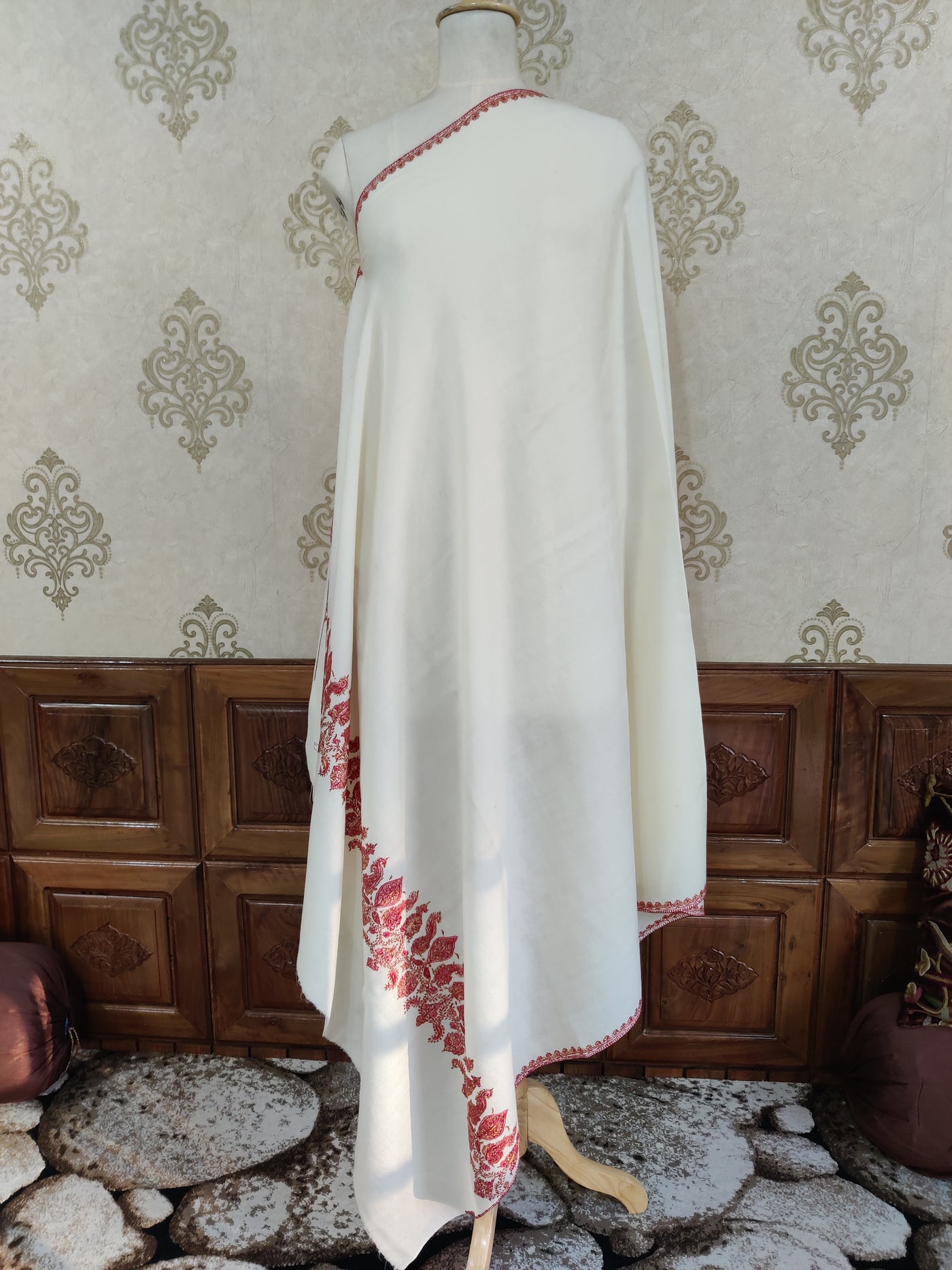 Ivory Merino Wool Shawl with Vibrant Red Sozni Hand Embroidered Border