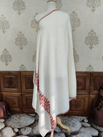 Ivory Merino Wool Shawl with Vibrant Red Sozni Hand Embroidered Border