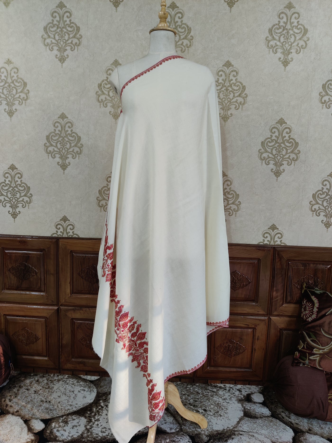 Ivory Merino Wool Shawl with Vibrant Red Sozni Hand Embroidered Border