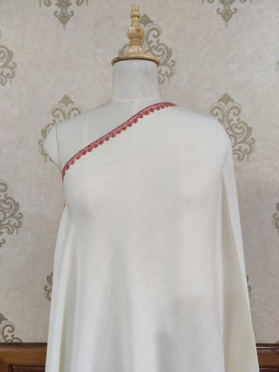 Ivory Merino Wool Shawl with Vibrant Red Sozni Hand Embroidered Border