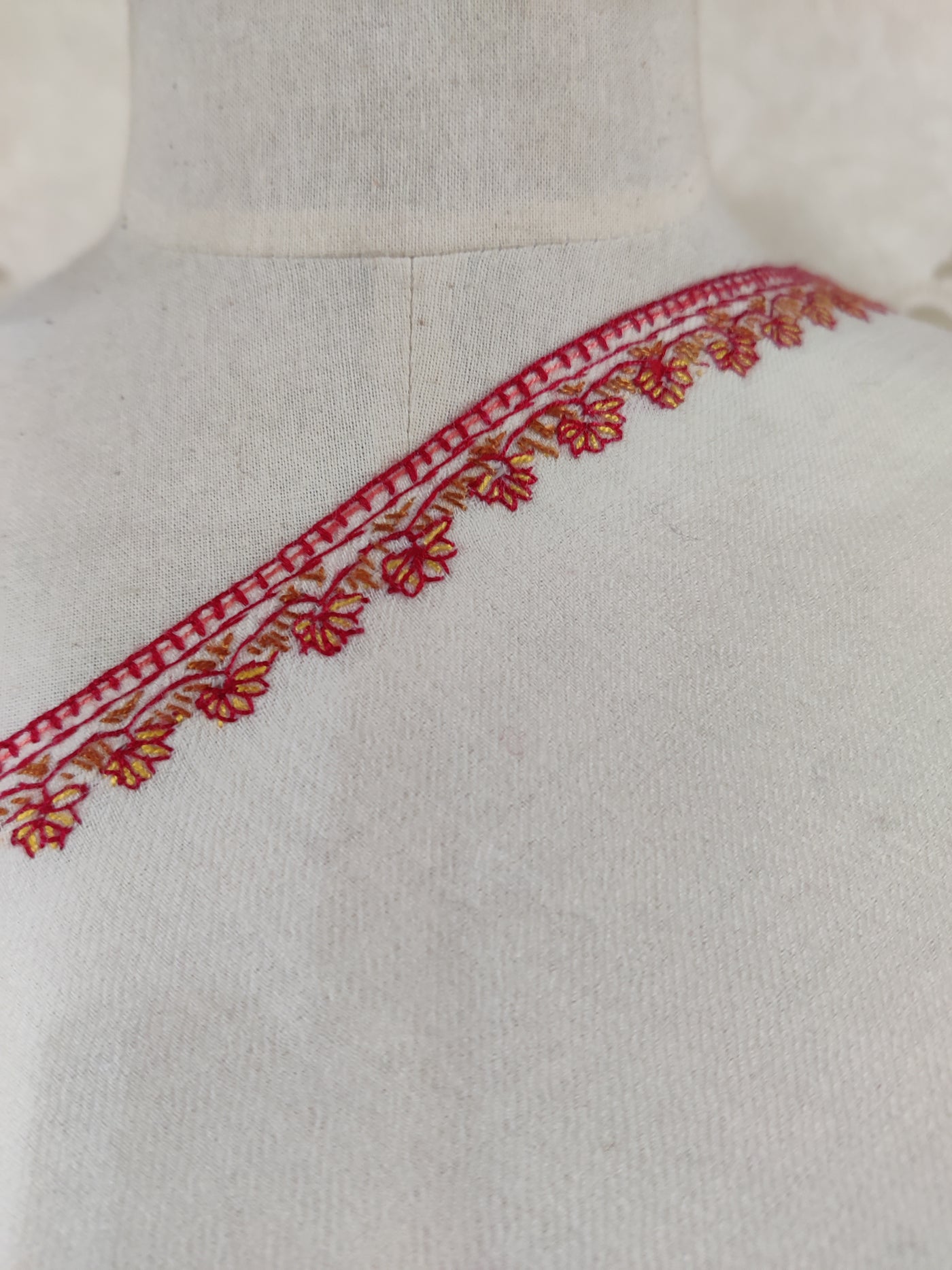 Ivory Merino Wool Shawl with Vibrant Red Sozni Hand Embroidered Border