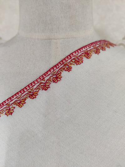 Ivory Merino Wool Shawl with Vibrant Red Sozni Hand Embroidered Border