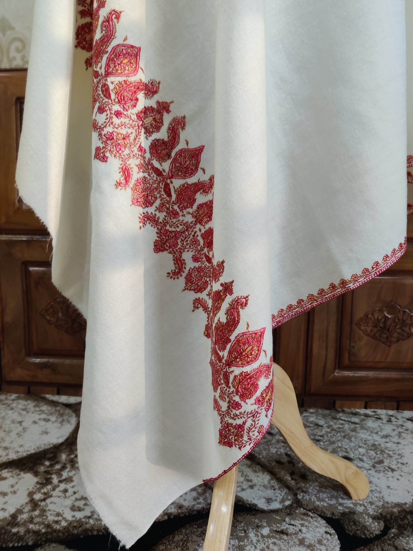 Ivory Merino Wool Shawl with Vibrant Red Sozni Hand Embroidered Border