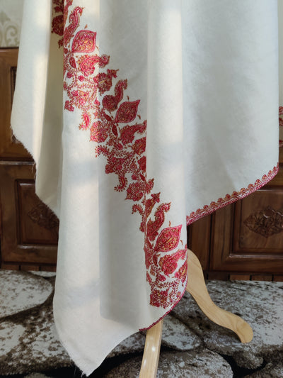 Ivory Merino Wool Shawl with Vibrant Red Sozni Hand Embroidered Border