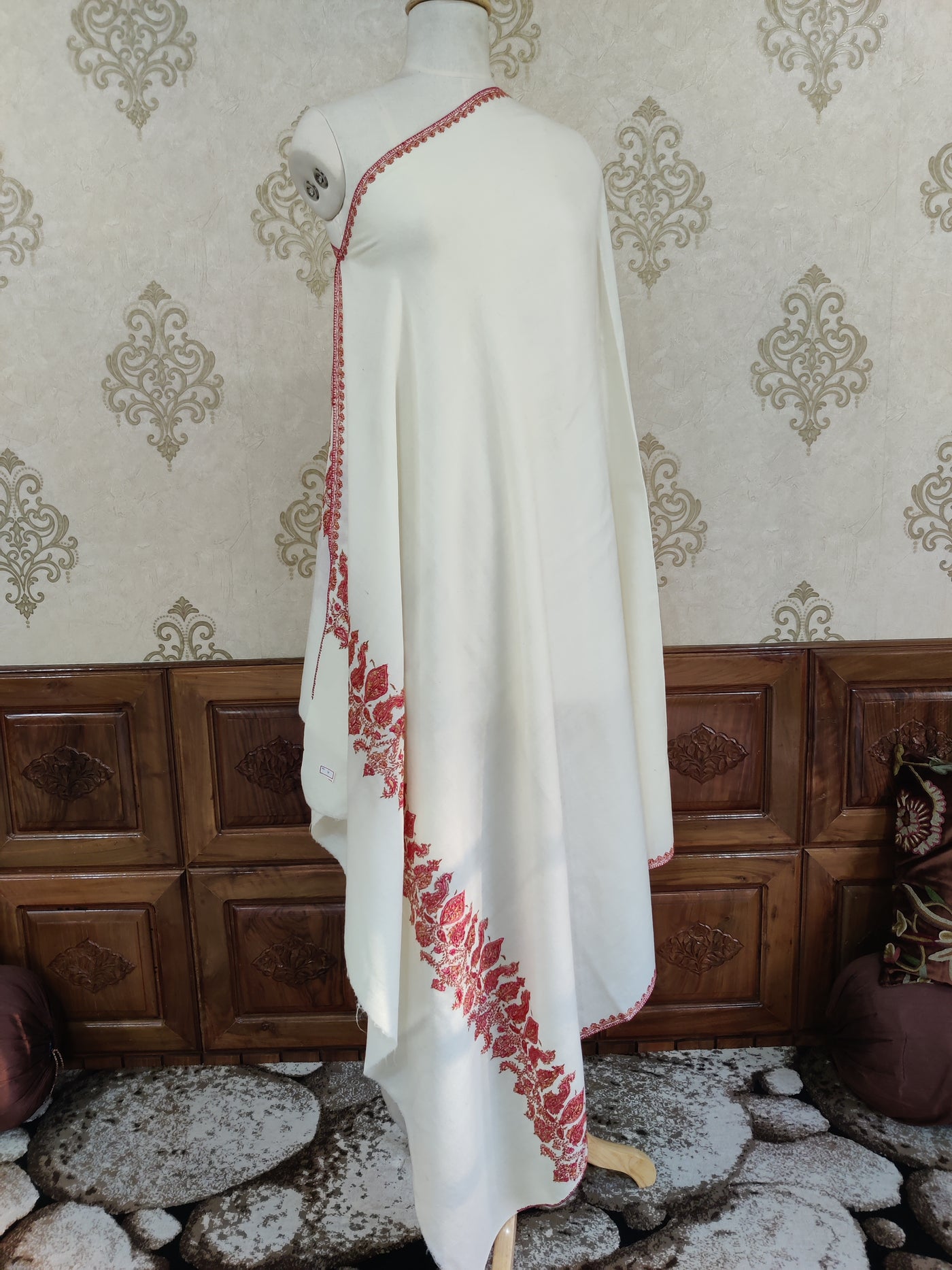 Ivory Merino Wool Shawl with Vibrant Red Sozni Hand Embroidered Border