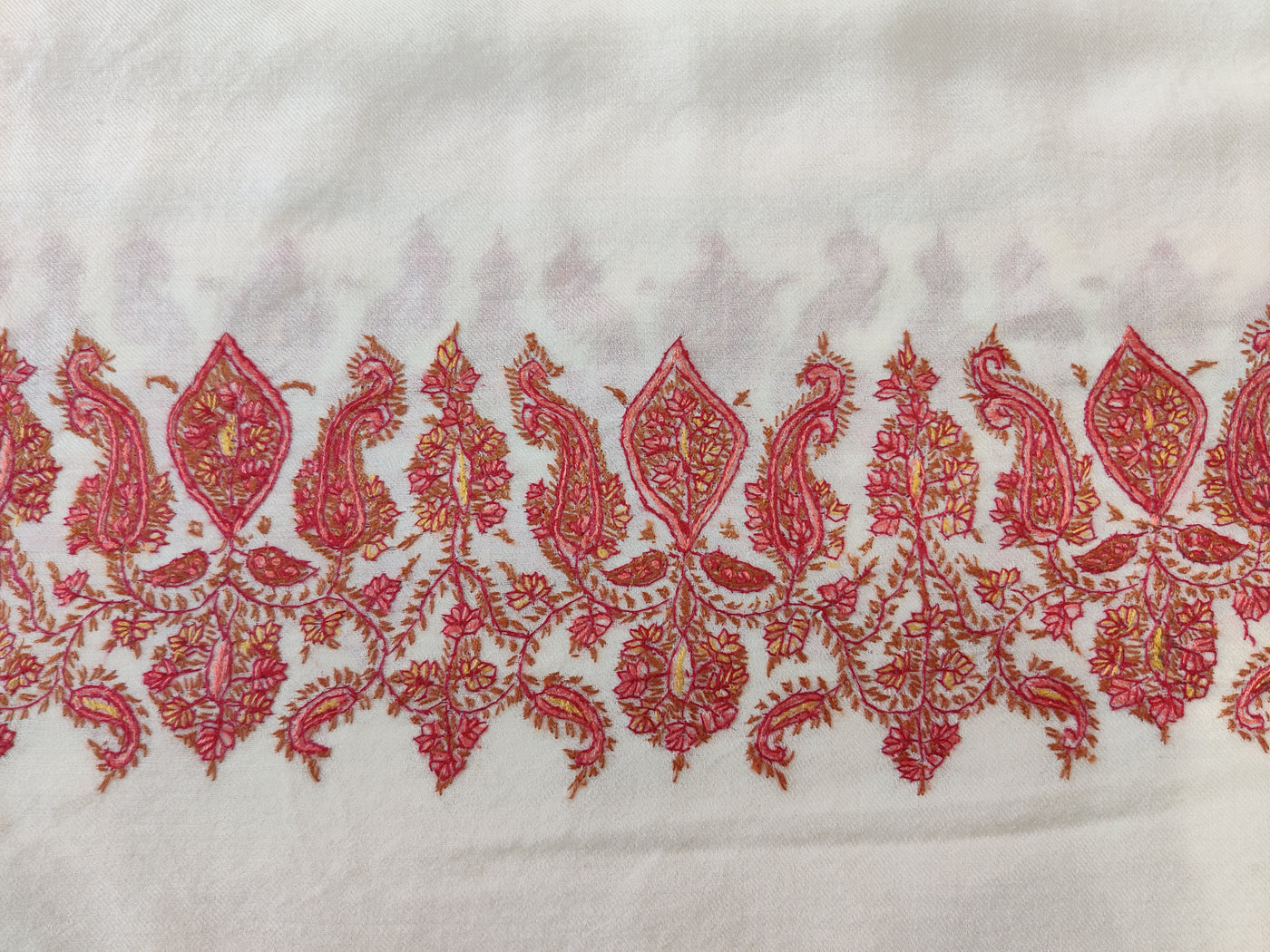 Ivory Merino Wool Shawl with Vibrant Red Sozni Hand Embroidered Border