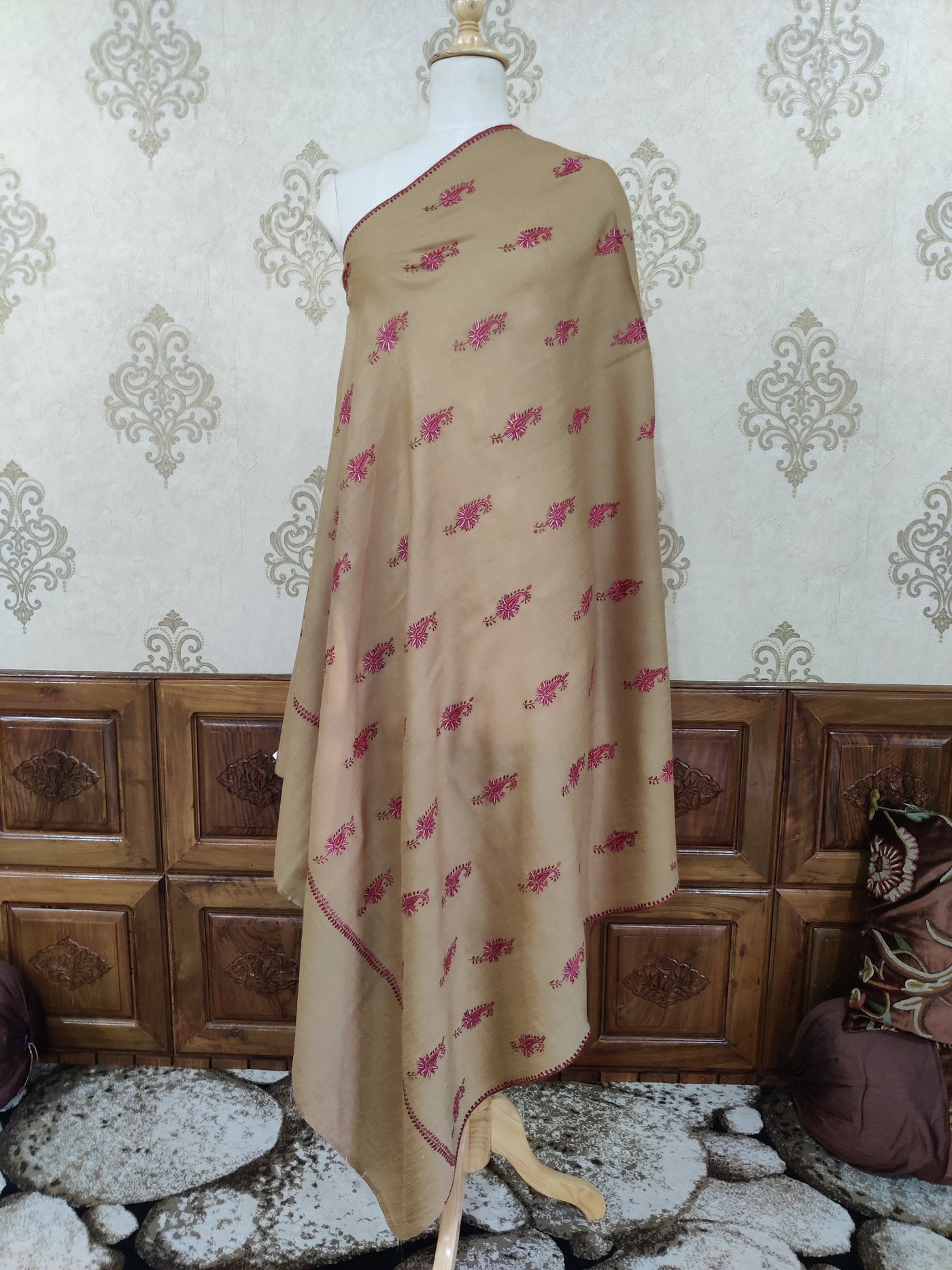 Beige Merino Wool Shawl with Delicate 128 Pink motifs Sozni Hand Embroidery