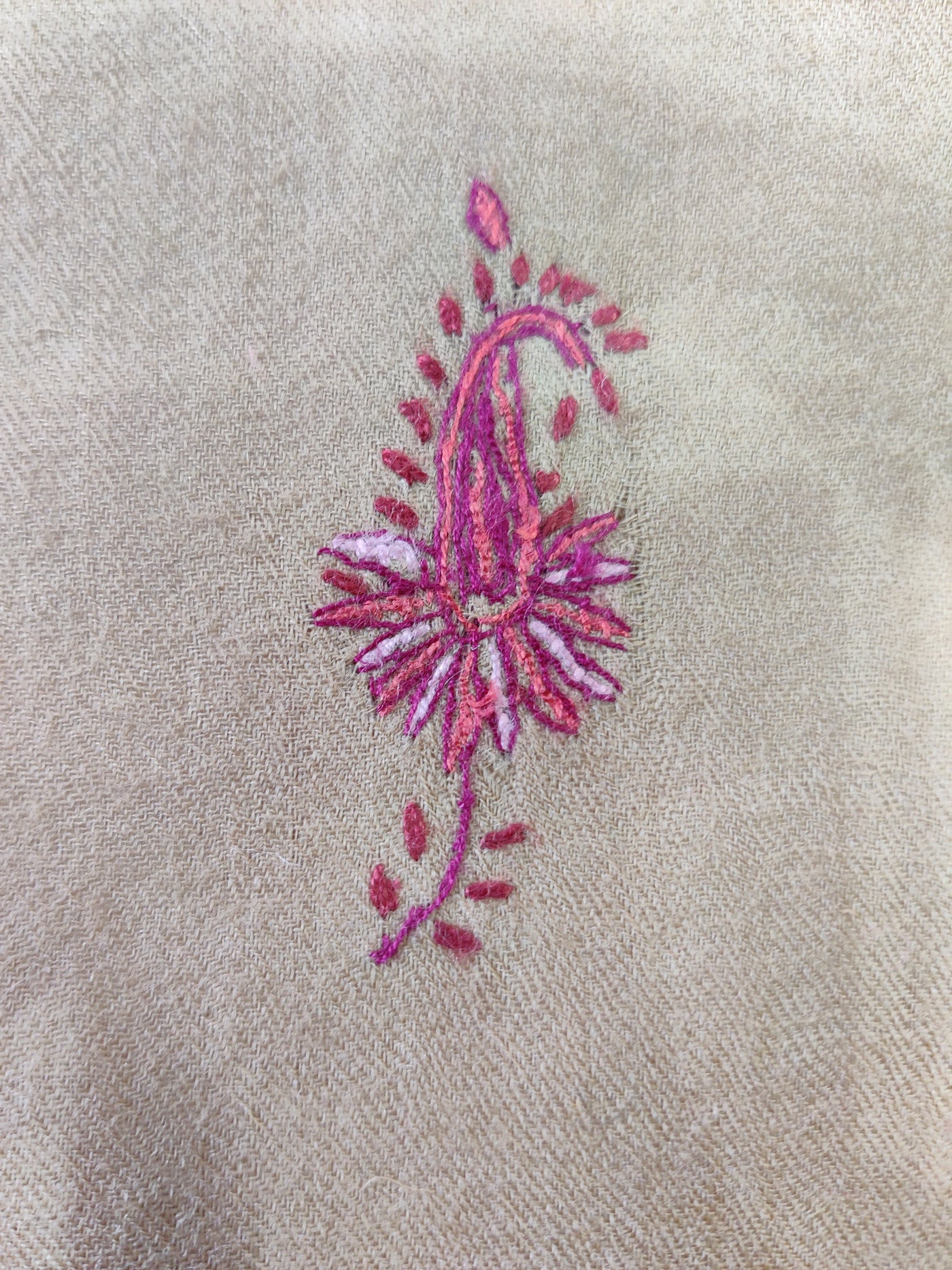 Beige Merino Wool Shawl with Delicate 128 Pink motifs Sozni Hand Embroidery