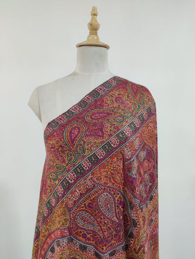 3 Yards : Crimson Majesty Hand Embroidered Sozni Pure Pashmina Shawl