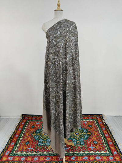 3 Yards : Ebony Paisley Sozni and Tilla Hand Embroidered Pure Pashmina Shawl