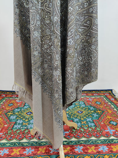 3 Yards : Ebony Paisley Sozni and Tilla Hand Embroidered Pure Pashmina Shawl