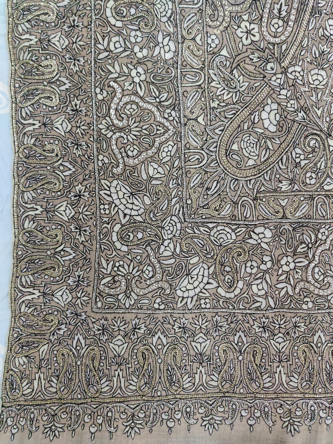 3 Yards : Ebony Paisley Sozni and Tilla Hand Embroidered Pure Pashmina Shawl