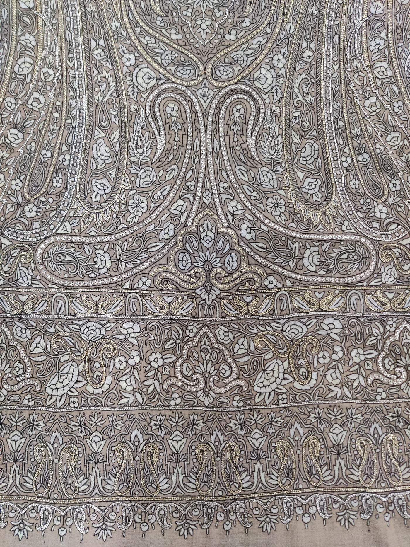 3 Yards : Ebony Paisley Sozni and Tilla Hand Embroidered Pure Pashmina Shawl