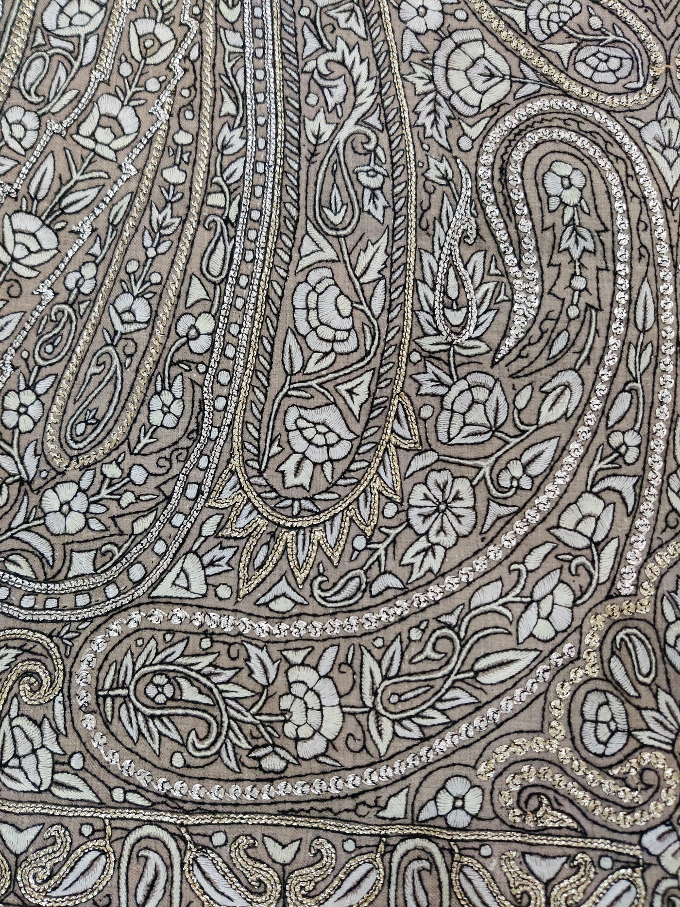 3 Yards : Ebony Paisley Sozni and Tilla Hand Embroidered Pure Pashmina Shawl