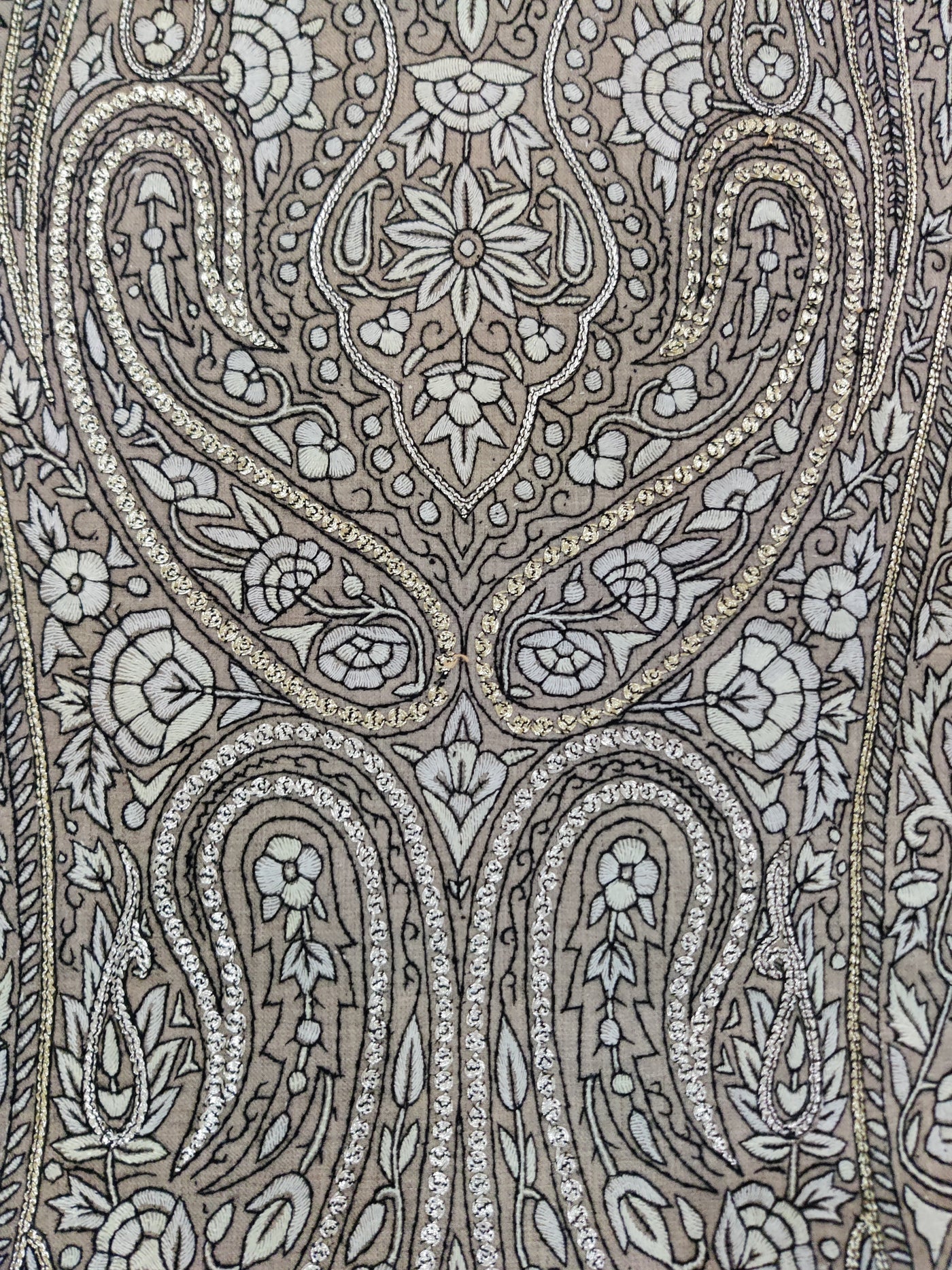 3 Yards : Ebony Paisley Sozni and Tilla Hand Embroidered Pure Pashmina Shawl