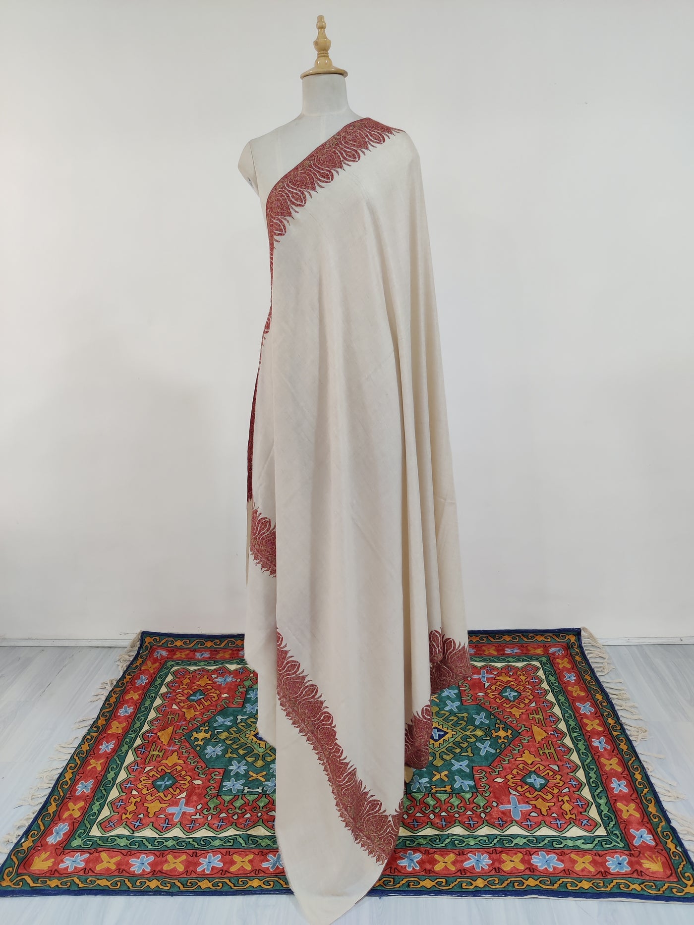 3 Yards : Crimson Cascade Sozni Hand Embroidered Pure Pashmina Shawl