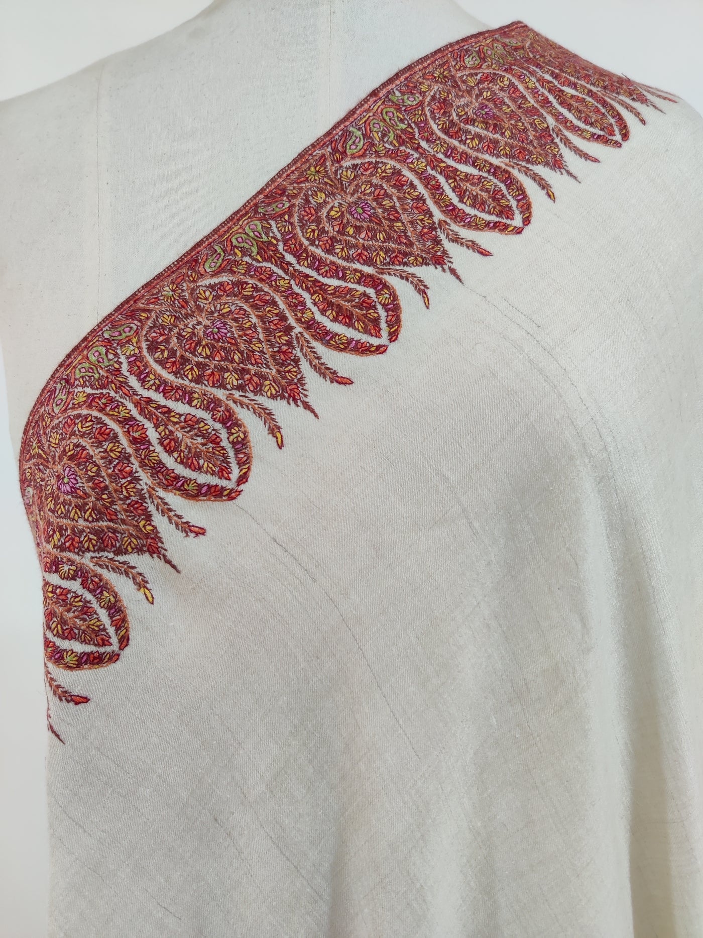 3 Yards : Crimson Cascade Sozni Hand Embroidered Pure Pashmina Shawl