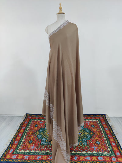 3 Yards : Exquisite Hand-Embroidered Sozni Pure Pashmina Shawl in Earthy Elegance