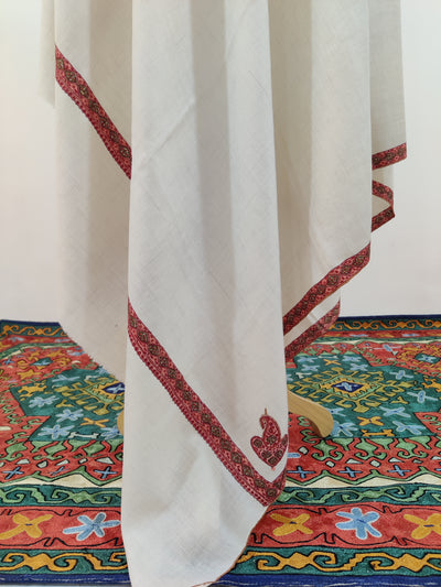 3 Yards : Classic Ivory Hand-Embroidered Sozni Pure Pashmina Shawl