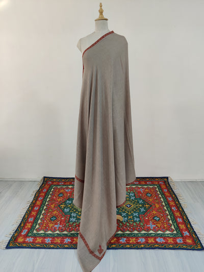 3 Yards : Minimalist Sozni Hand-Embroidered Pure Pashmina Shawl in Subtle Beige