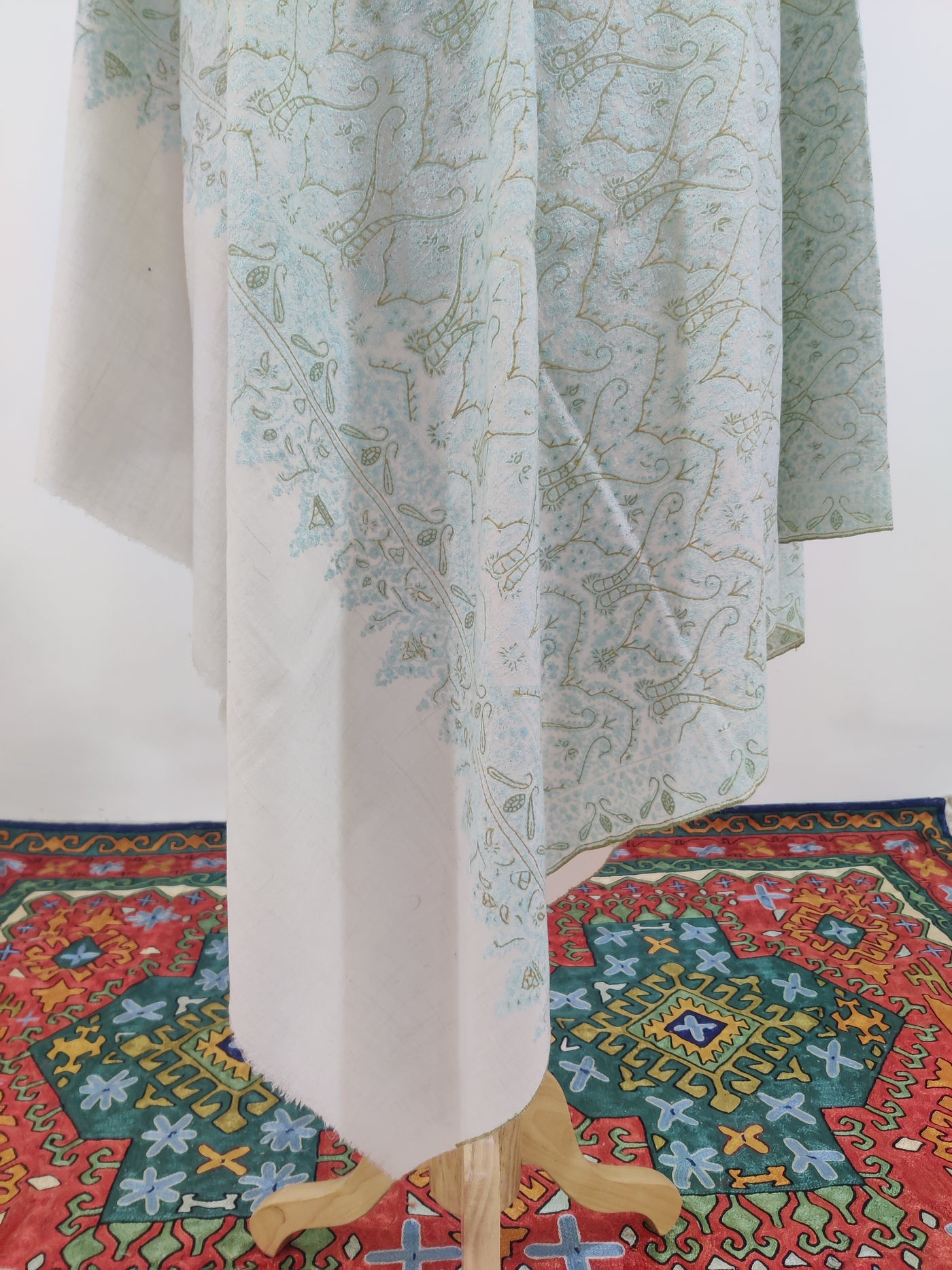 Whispering Mints: Hand-Embroidered Sozni Pure Pashmina Shawl Jamawar