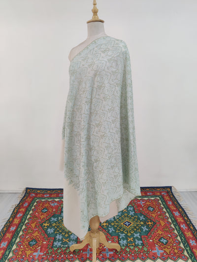 Whispering Mints: Hand-Embroidered Sozni Pure Pashmina Shawl Jamawar