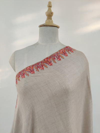 Ivory Grace Pure Pashmina Shawl with Hand-Embroidered Sozni Borders