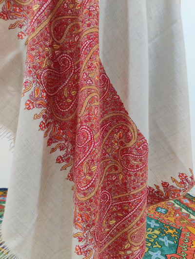 Ivory Grace Pure Pashmina Shawl with Hand-Embroidered Sozni Borders