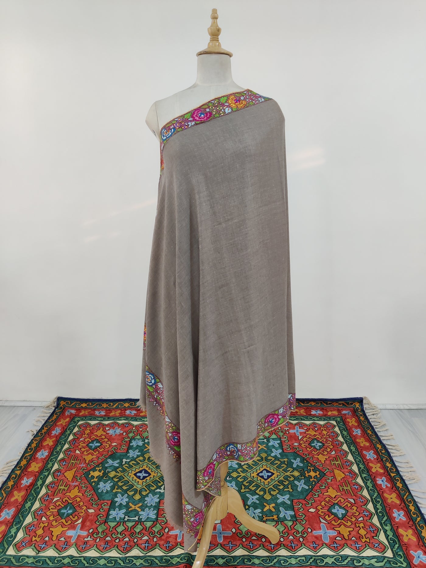 Taupe Delight Hand-Embroidered papier-mache Pure Pashmina Shawl