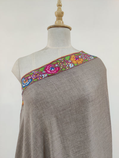 Taupe Delight Hand-Embroidered papier-mache Pure Pashmina Shawl