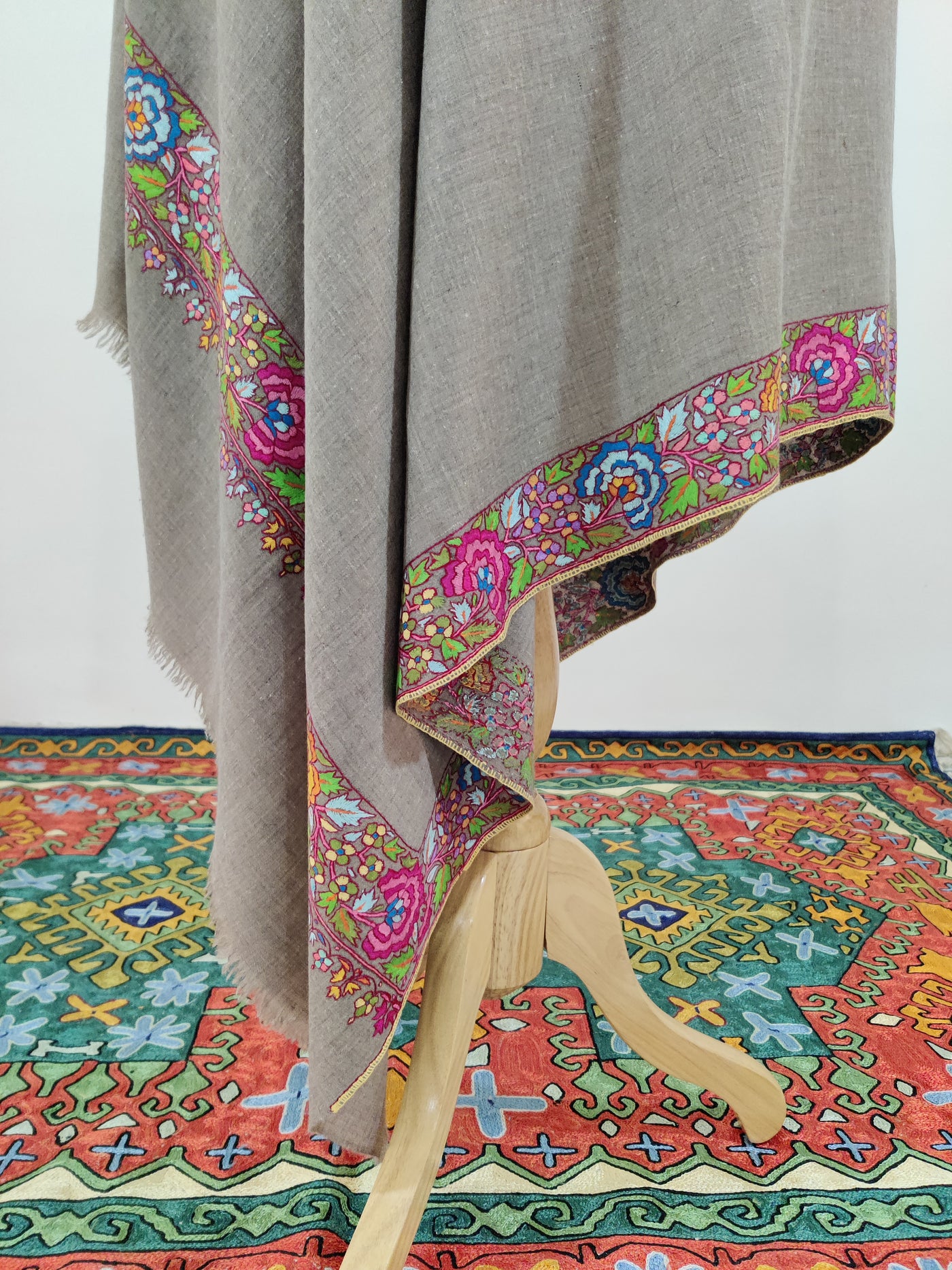 Taupe Delight Hand-Embroidered papier-mache Pure Pashmina Shawl