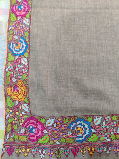 Taupe Delight Hand-Embroidered papier-mache Pure Pashmina Shawl