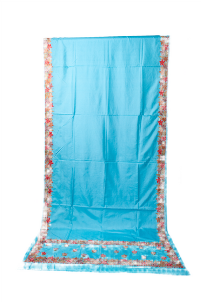 Turquoise Tranquility Pure Silk Hand Aari Embroidery Saree