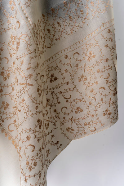 Golden Filigree: Hand Embroidered Merino Wool Sozni Shawl